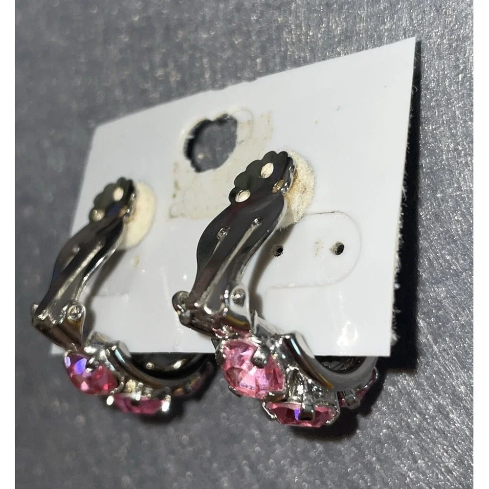 1990s Silver Colored Pink Stone Premier Designs Clip-On Earrings Fashion Jewelry